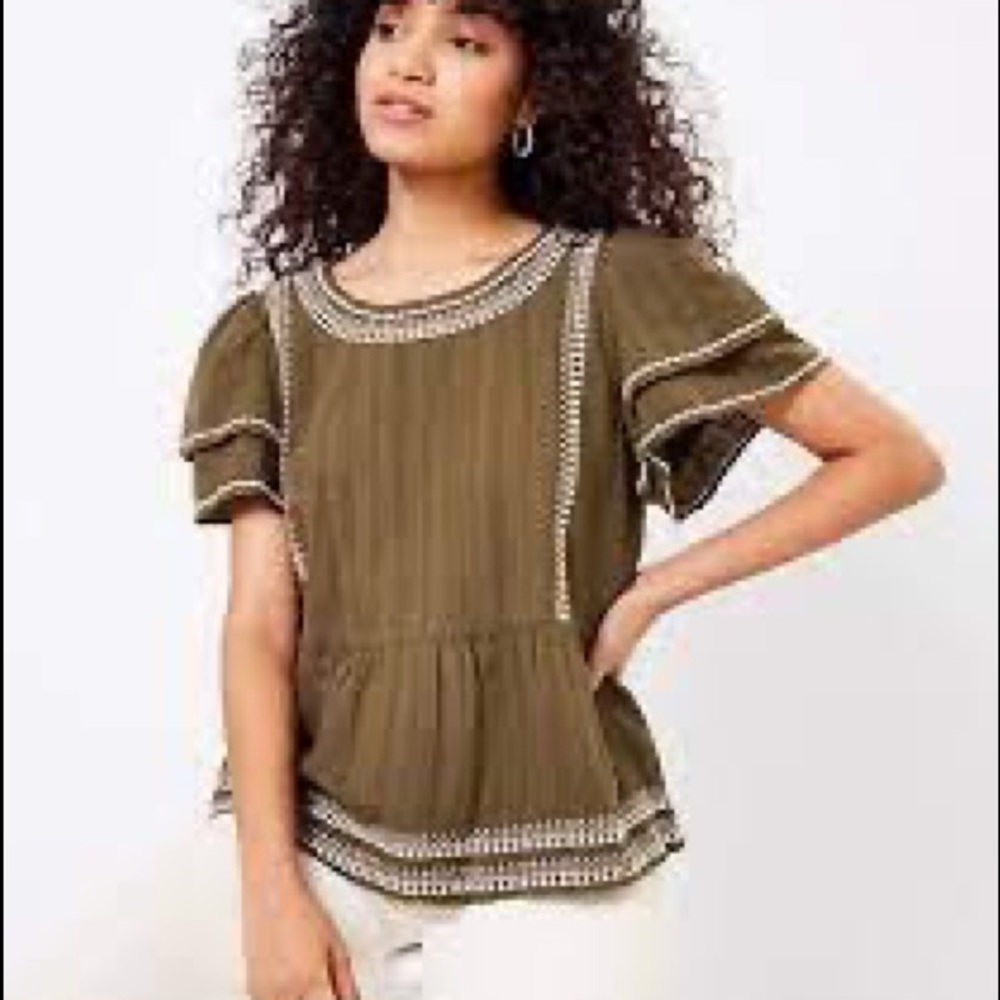 LOFT Flutter Sleeve Embroidered Peplum Top
